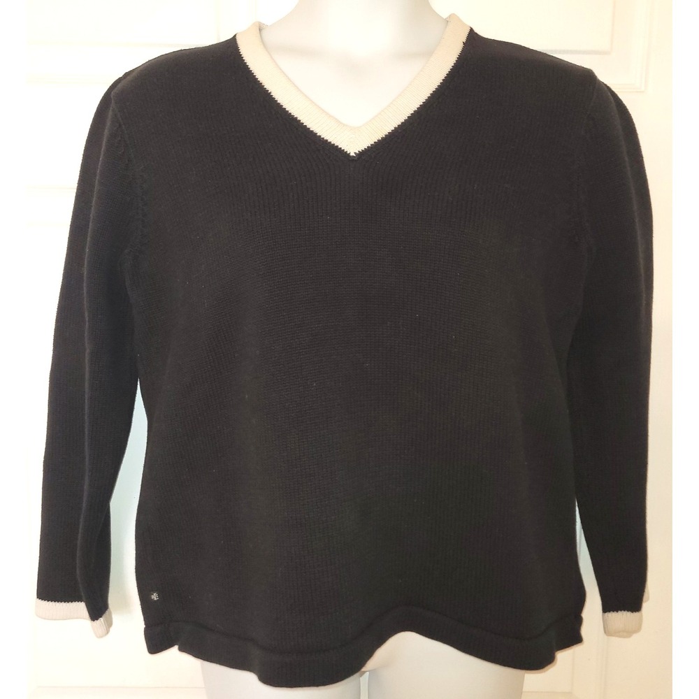 Women's Black/White‎ Trim Lauren Ralph Lauren Sweater 100% Cotton  Size Large